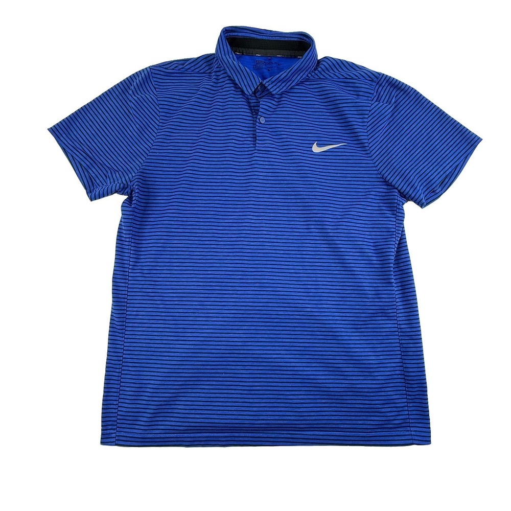 Nike Momentum Fly Dri-FIT Wool Blue Black Stripe Golf Polo Men's L Snap Button
